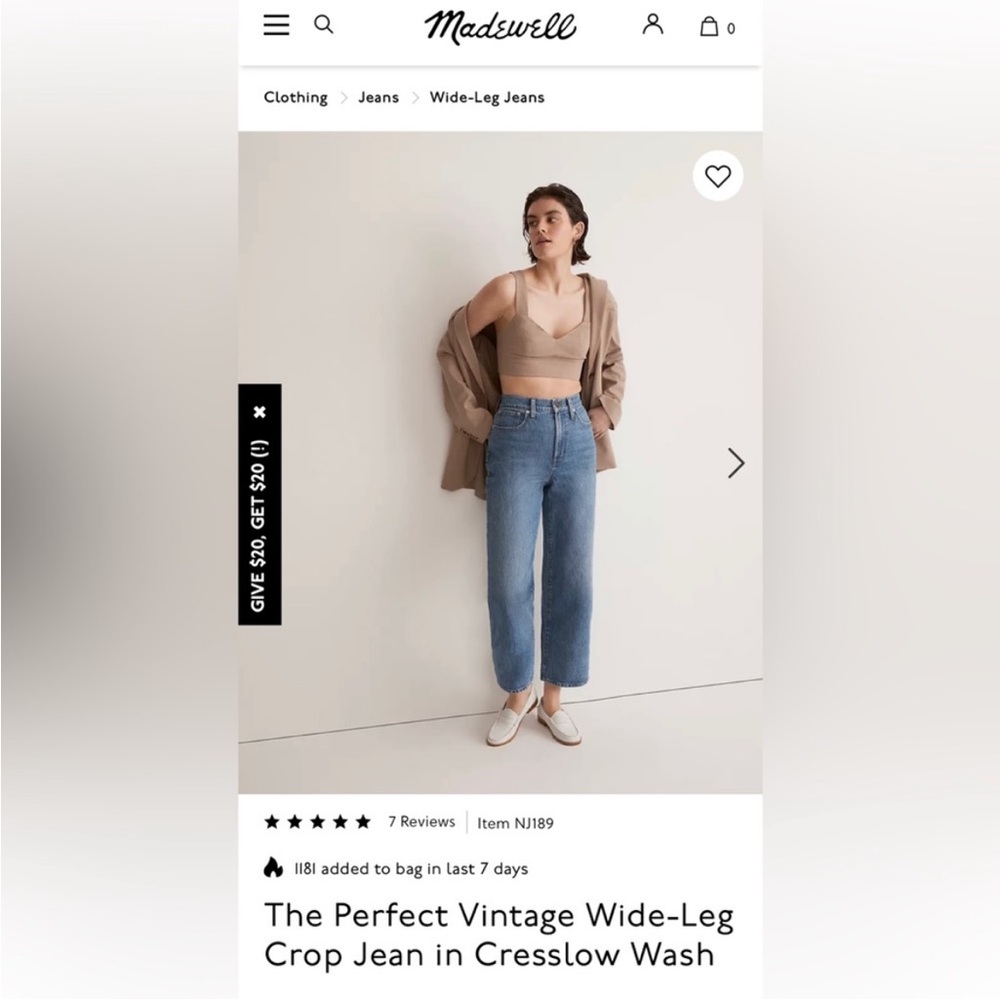 Madewell “The Perfect Vintage” Wide Leg Crop Jean Size 27 Never worn $50